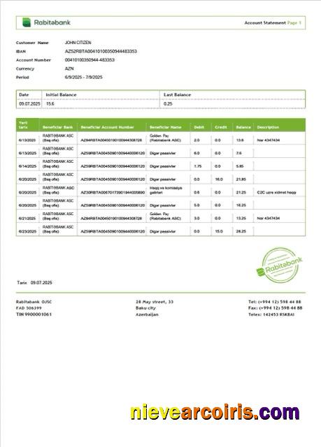 Azerbaijan Rabitəbank account statement Word and PDF